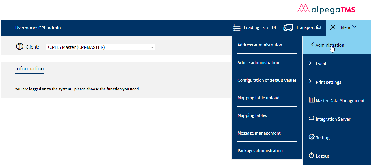 screenshot of Alpega TMS